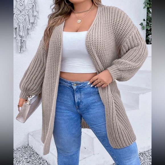 New Open Front Duster Cardigan Oversized Pointelle Drop Shoulder Khaki Knit Cozy - Picture 2 of 16